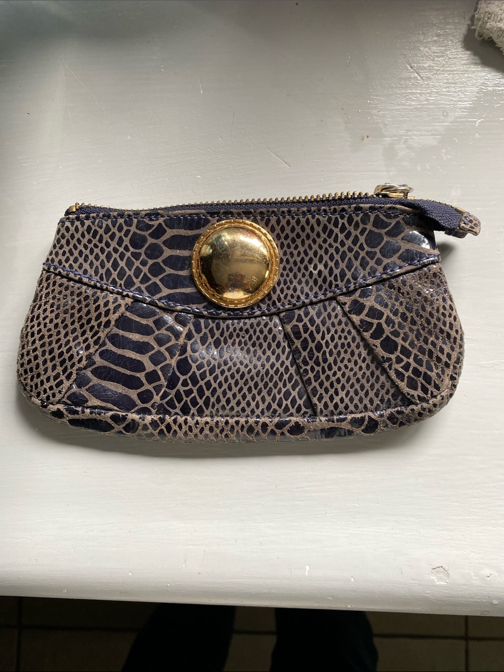 Women’s Steven Madden Navy and Taupe Snake-Print Zip Pouch with Gold Accent